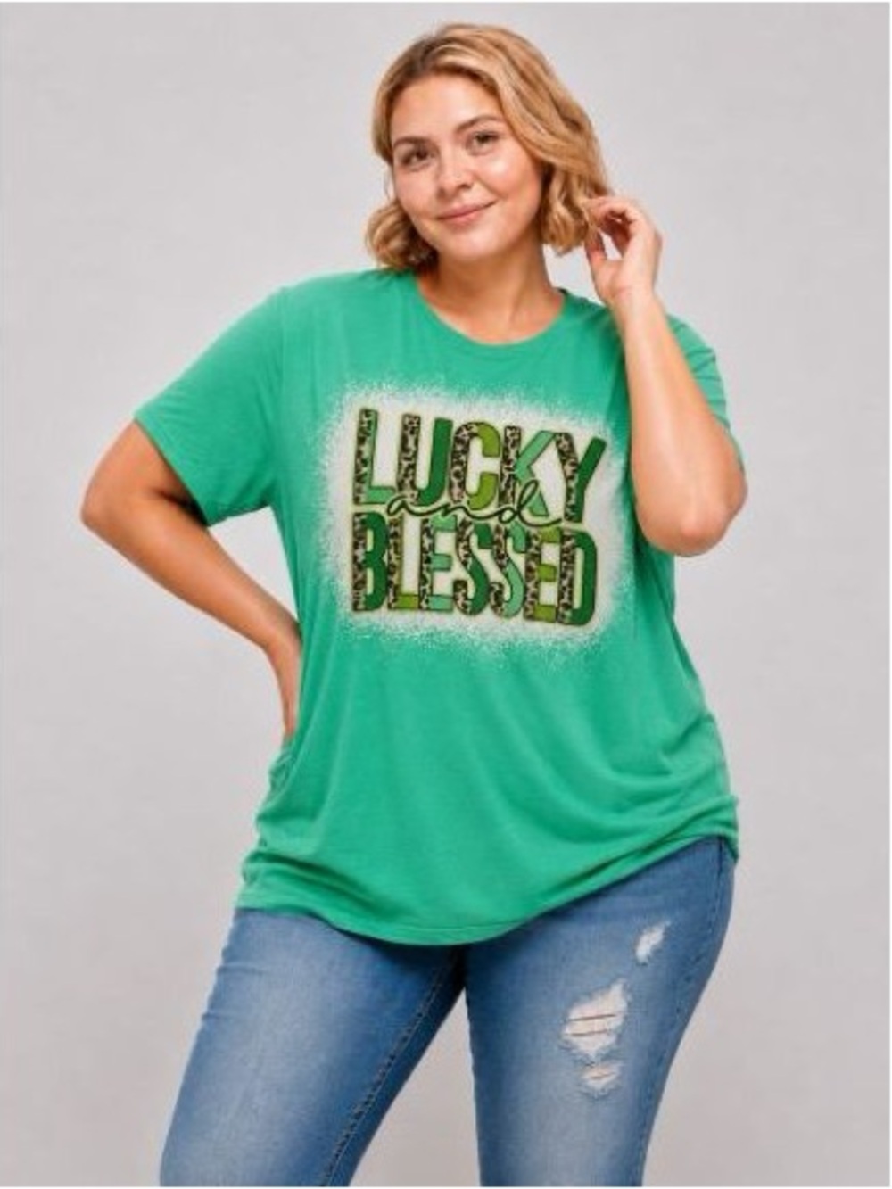 BRAND NEW WITH TAGS Lucky & Blessed Green Bleached Plus Tee